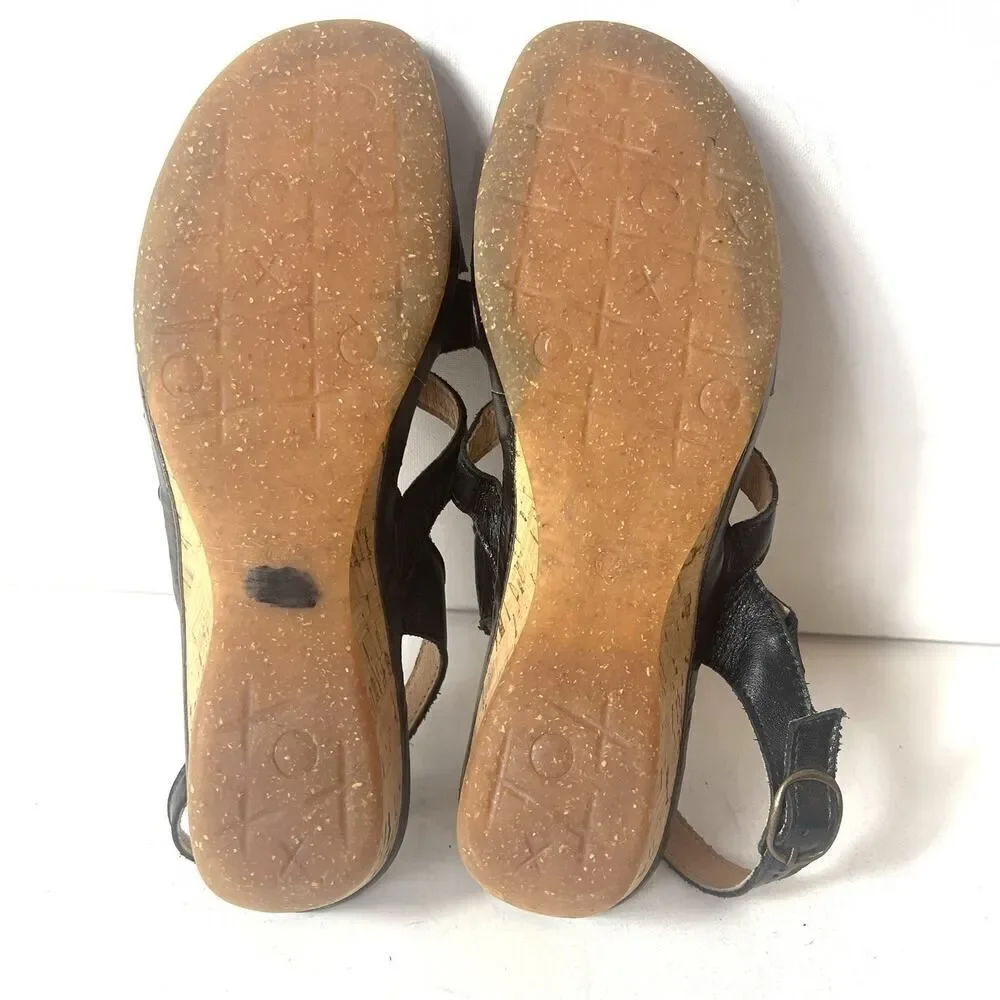 Spring Step Sandals Black Leather Cork Heel Sling Back Women Sz EU 42 US 11.5-12